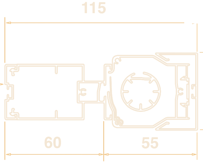Sezione tecnica Genius: barramaniglia Maxxy 60 mm e cassonetto 55 mm, profondità 46 mm